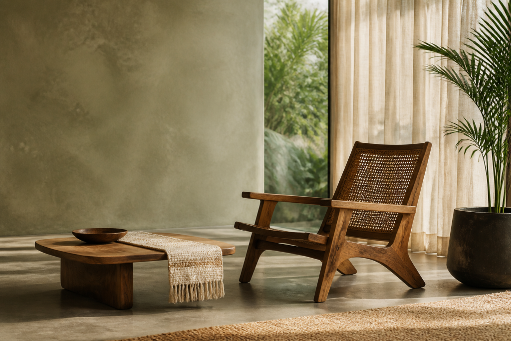 Interior hangat dengan furnitur kayu kontemporer